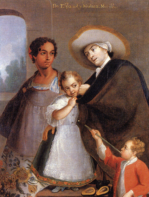 De español y mulata, morisca. Miguel Cabrera, Public domain via Wikimedia Commons. 1763, oil on canvas, 136x105 cm, private collection. Painting features a mixed mother of African decent looking toward a white Spanish man, presumably her husband, and their young son and daughter.