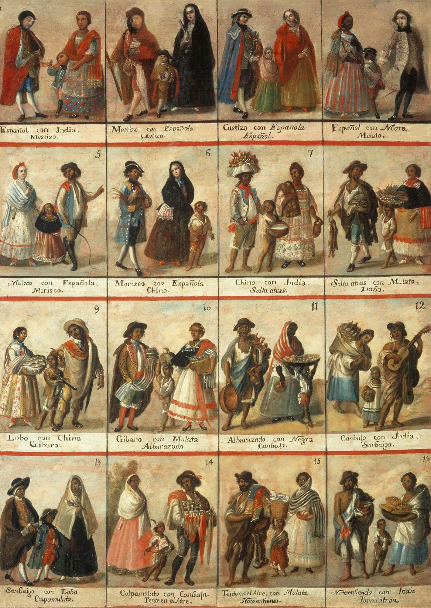 Las Castas, Unknown Author, Public domain, via Wikimedia Commons. Casta painting showing 16 racial groupings. Anonymous, 18th century, oil on canvas, 148×104 cm, Museo Nacional del Virreinato, Tepotzotlán, Mexico. There are 4 rows of paintings. Each painting shows a man, woman, and child wearing different garments. Every person has a different skin tone.